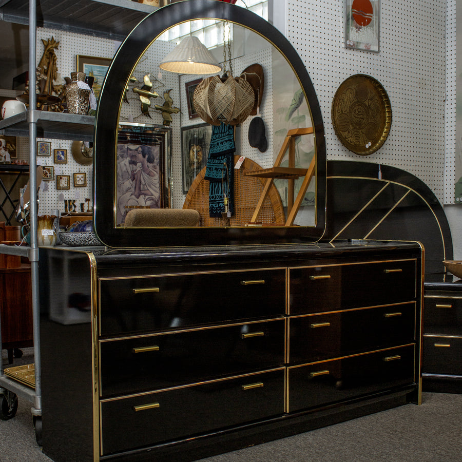 Vintage Black Lacquer Dresser and Mirror