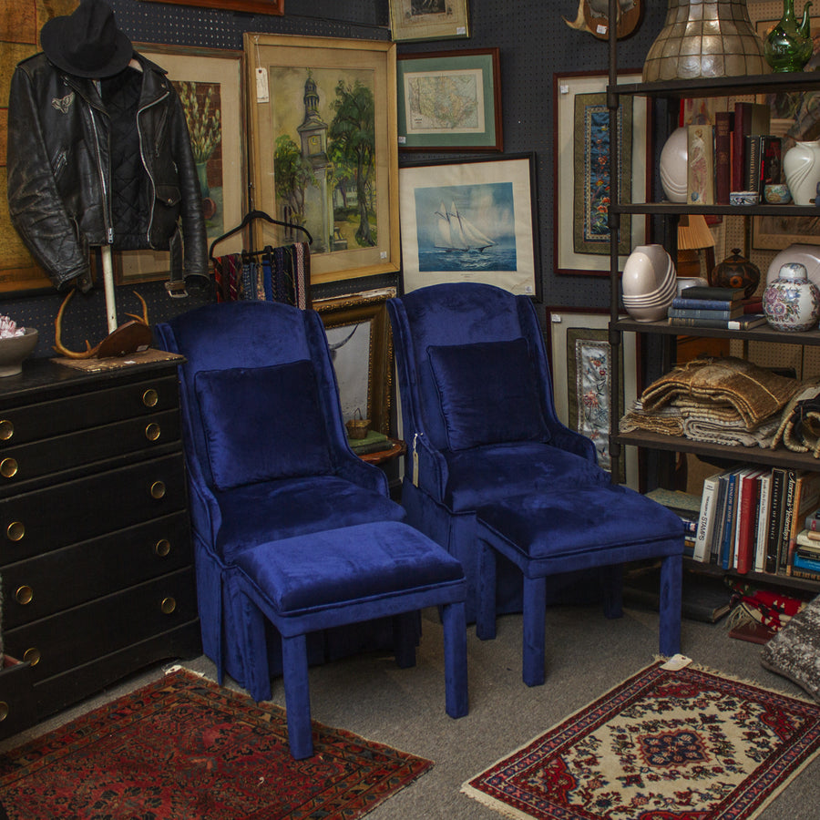 Vintage Pair of Blue Velvet Parsons Chairs with Ottomans
