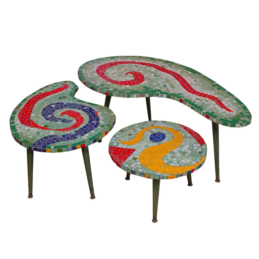 Three Vintage Mosaic Tile Accent Tables